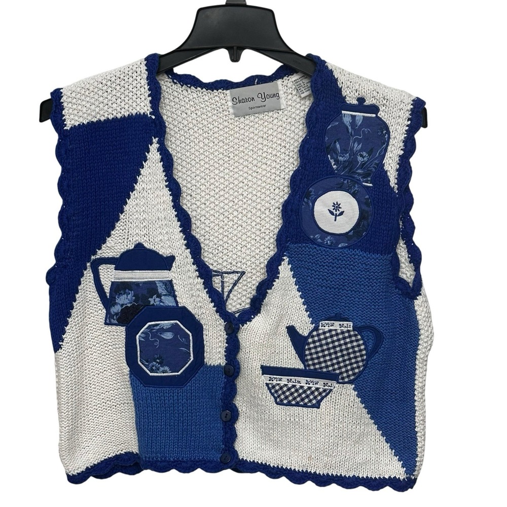 VTG Sharon Young Sweater Vest  Blue White Teapots 80s Size XL Cottagecore